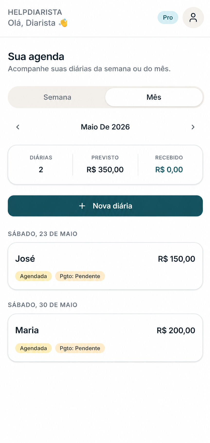 Tela de agenda de diárias do HelpDiarista
