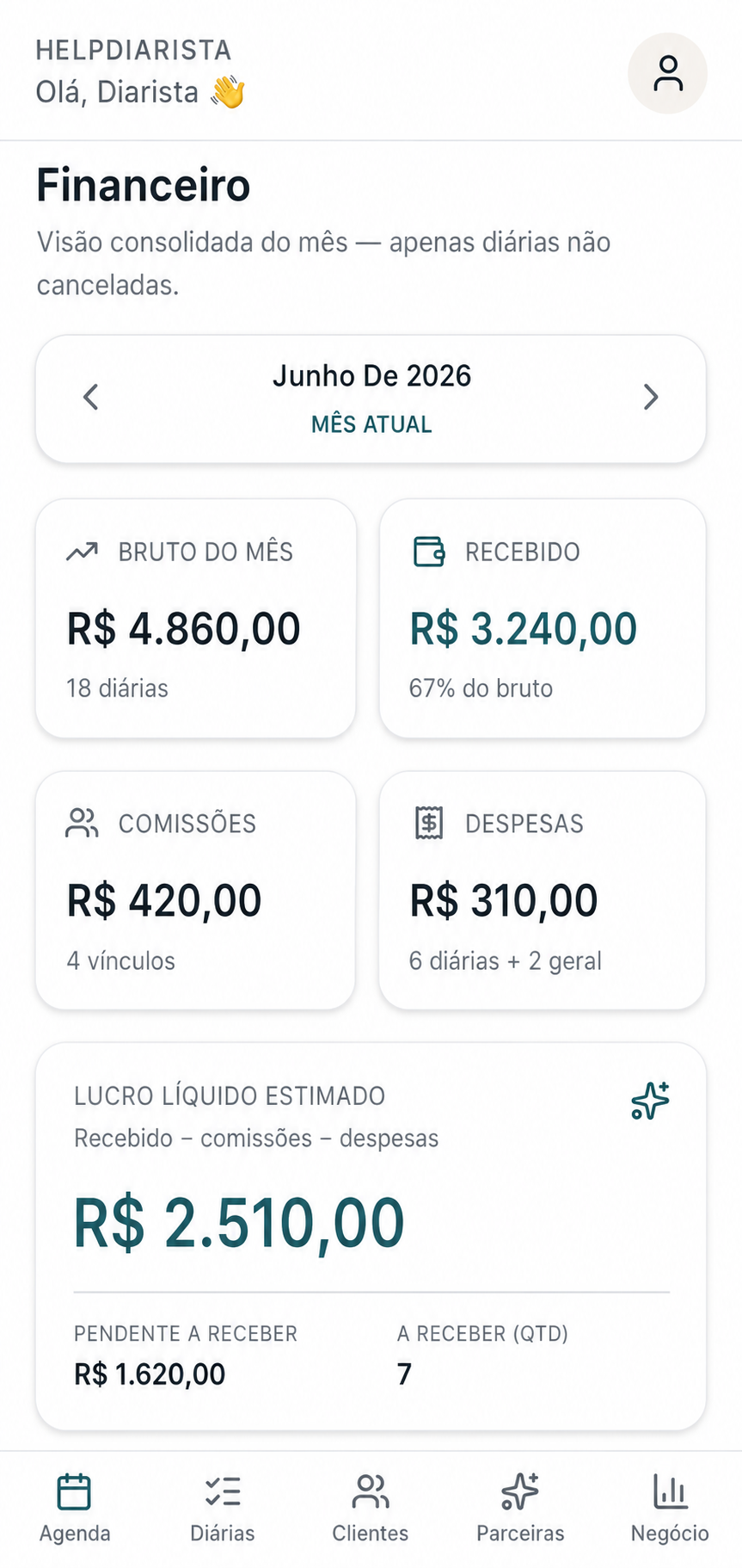 Tela financeira do HelpDiarista